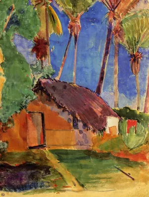 Thatched Hut under Palm Trees by Paul Gauguin - Hand-Painted Oil Painting Reproduction